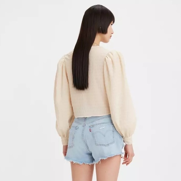 Levi’s Fawn Tie Ruched Stripe Sunny Cream White Blouse Size XLarge NWT - Picture 2 of 16